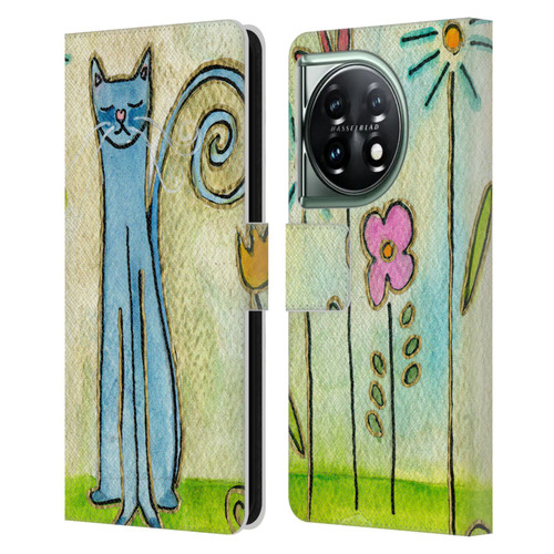 Wyanne Cat Blue Cat In The Flower Garden Leather Book Wallet Case Cover For OnePlus 11 5G