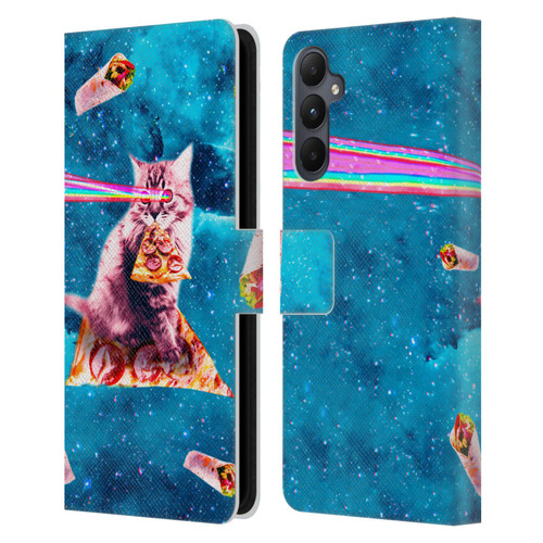 Random Galaxy Space Cat Lazer Eye & Pizza Leather Book Wallet Case Cover For Samsung Galaxy A05s