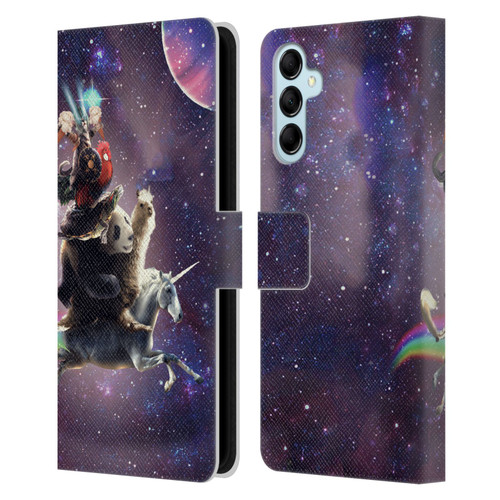 Random Galaxy Space Llama Unicorn Space Ride Leather Book Wallet Case Cover For Samsung Galaxy M14 5G