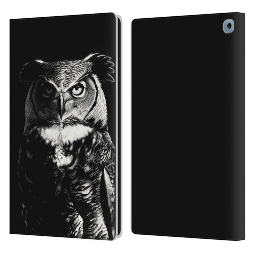 Stanley Morrison Black And White Great Horned Owl Leather Book Wallet Case Cover For Amazon Fire HD 10 / Plus 2021