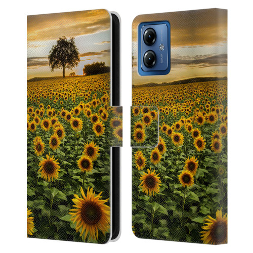 Celebrate Life Gallery Florals Big Sunflower Field Leather Book Wallet Case Cover For Motorola Moto G14