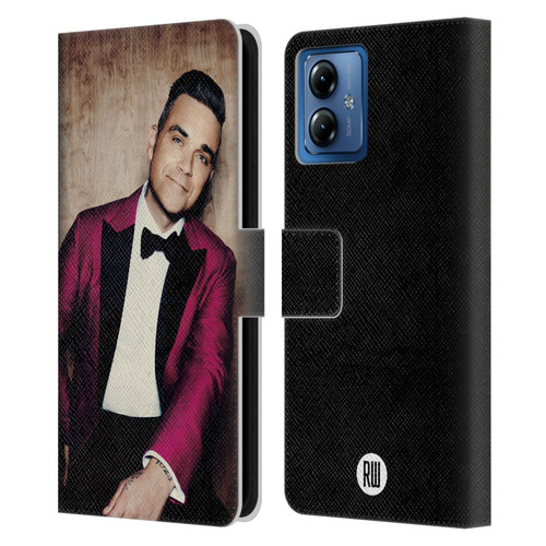 Robbie Williams Calendar Magenta Tux Leather Book Wallet Case Cover For Motorola Moto G14