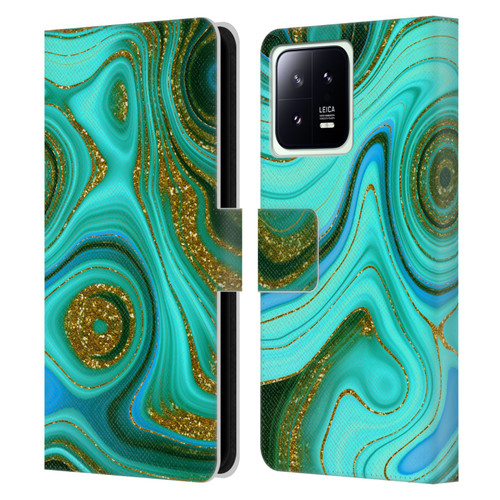 UtArt Malachite Emerald Liquid Gem Leather Book Wallet Case Cover For Xiaomi 13 5G