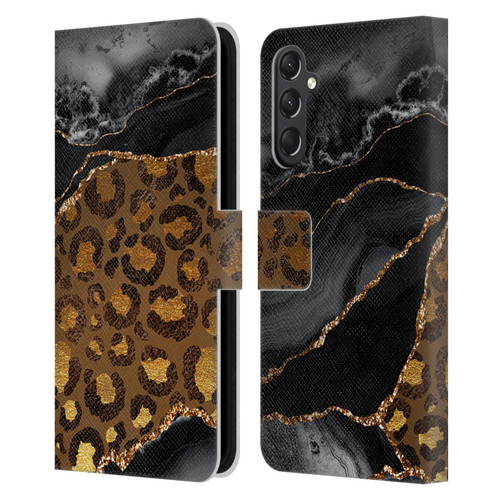 UtArt Wild Cat Marble Dark Gilded Leopard Leather Book Wallet Case Cover For Samsung Galaxy A24 4G / M34 5G