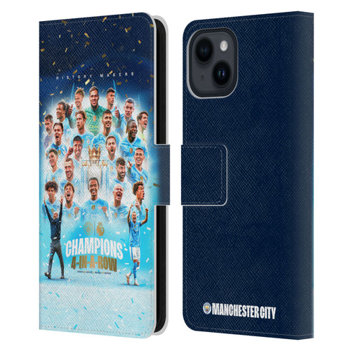Manchester City Man City FC 2024 Premier League Champions Team Poster Leather Book Wallet Case Cover For Apple iPhone 15
