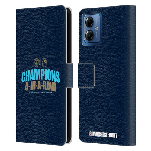 Manchester City Man City FC 2024 Premier League Champions 4 In A Row Dark Leather Book Wallet Case Cover For Motorola Moto G14