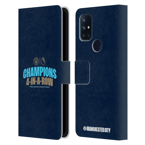 Manchester City Man City FC 2024 Premier League Champions 4 In A Row Dark Leather Book Wallet Case Cover For OnePlus Nord N10 5G