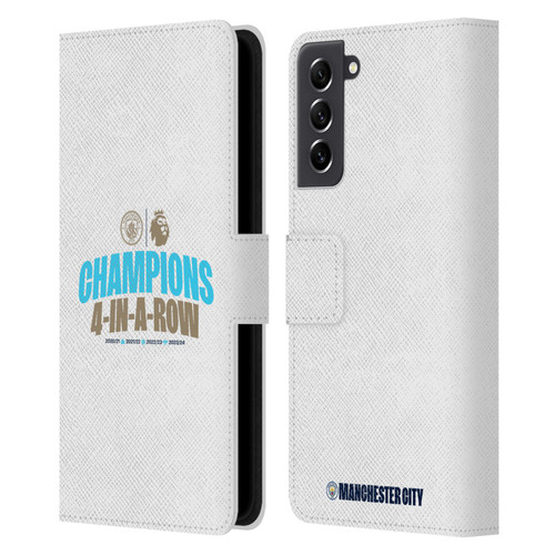 Manchester City Man City FC 2024 Premier League Champions 4 In A Row Light Leather Book Wallet Case Cover For Samsung Galaxy S21 FE 5G