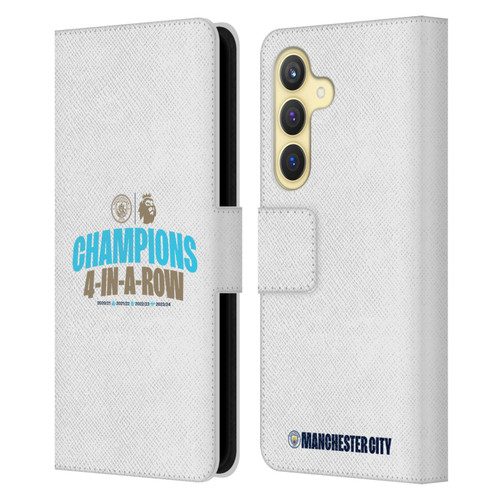 Manchester City Man City FC 2024 Premier League Champions 4 In A Row Light Leather Book Wallet Case Cover For Samsung Galaxy S24 5G