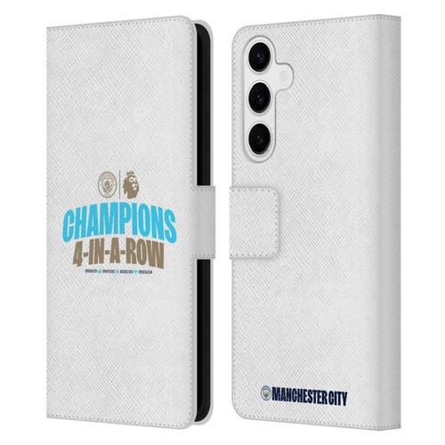 Manchester City Man City FC 2024 Premier League Champions 4 In A Row Light Leather Book Wallet Case Cover For Samsung Galaxy S24+ 5G