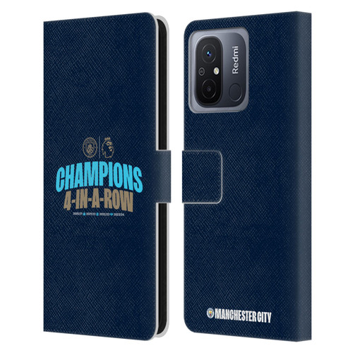 Manchester City Man City FC 2024 Premier League Champions 4 In A Row Dark Leather Book Wallet Case Cover For Xiaomi Redmi 12C