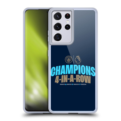 Manchester City Man City FC 2024 Premier League Champions 4 In A Row Dark Soft Gel Case for Samsung Galaxy S21 Ultra 5G