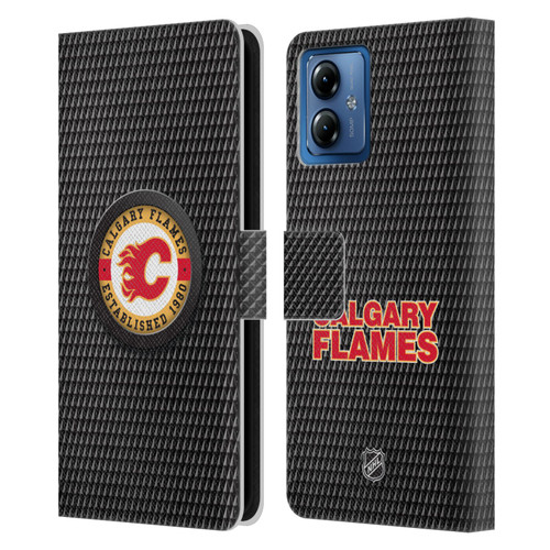 NHL Calgary Flames Puck Texture Leather Book Wallet Case Cover For Motorola Moto G14