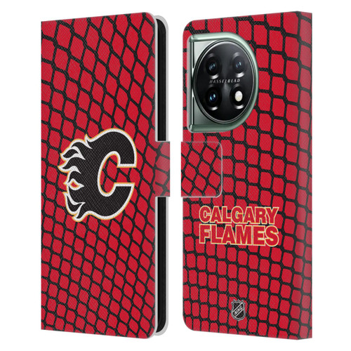 NHL Calgary Flames Net Pattern Leather Book Wallet Case Cover For OnePlus 11 5G