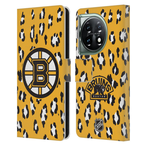 NHL Boston Bruins Leopard Patten Leather Book Wallet Case Cover For OnePlus 11 5G