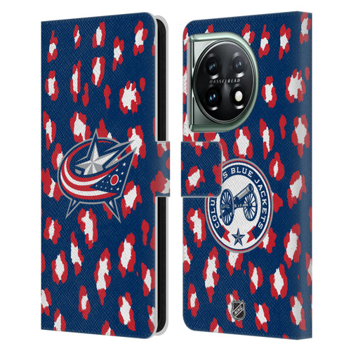 NHL Columbus Blue Jackets Leopard Patten Leather Book Wallet Case Cover For OnePlus 11 5G