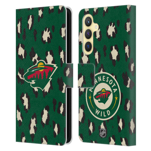 NHL Minnesota Wild Leopard Patten Leather Book Wallet Case Cover For Samsung Galaxy S23 FE 5G