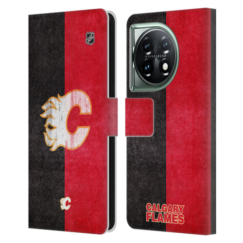 NHL Calgary Flames Half Distressed Leather Book Wallet Case Cover For OnePlus 11 5G
