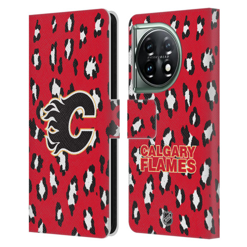 NHL Calgary Flames Leopard Patten Leather Book Wallet Case Cover For OnePlus 11 5G