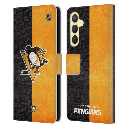 NHL Pittsburgh Penguins Half Distressed Leather Book Wallet Case Cover For Samsung Galaxy S23 FE 5G