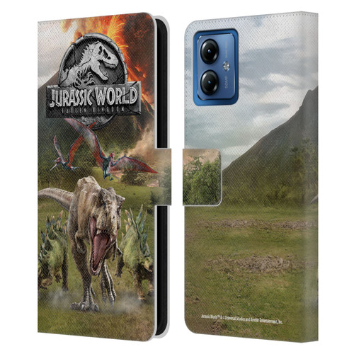 Jurassic World Fallen Kingdom Key Art Dinosaurs Escape Leather Book Wallet Case Cover For Motorola Moto G14