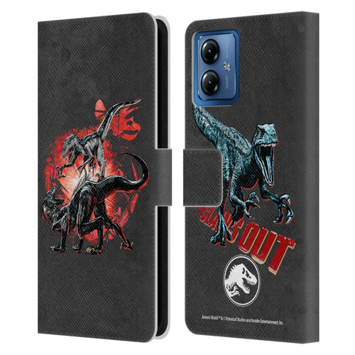 Jurassic World Fallen Kingdom Key Art Raptors Battle Leather Book Wallet Case Cover For Motorola Moto G14