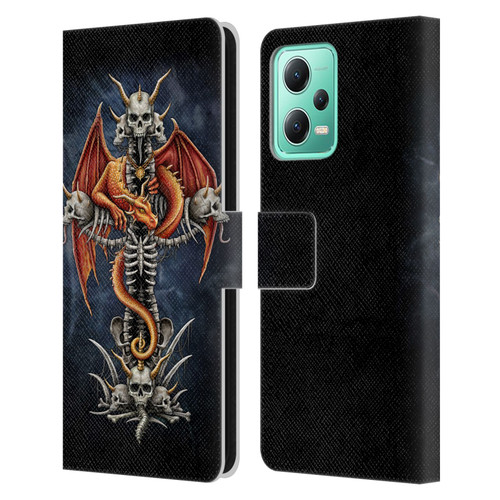 Sarah Richter Fantasy Creatures Red Dragon Guarding Bone Cross Leather Book Wallet Case Cover For Xiaomi Redmi Note 12 5G