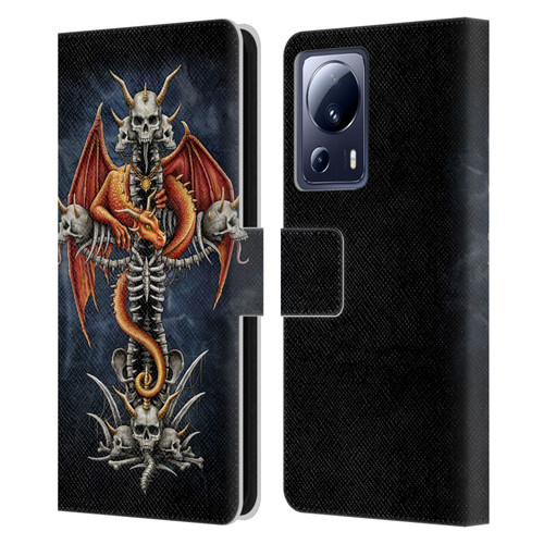 Sarah Richter Fantasy Creatures Red Dragon Guarding Bone Cross Leather Book Wallet Case Cover For Xiaomi 13 Lite 5G