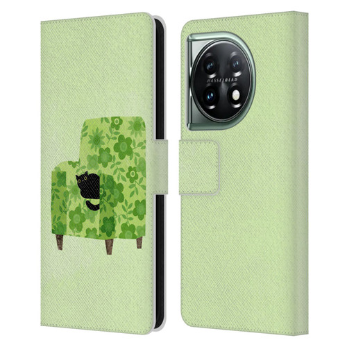 Planet Cat Arm Chair Pear Green Chair Cat Leather Book Wallet Case Cover For OnePlus 11 5G