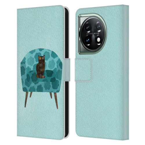 Planet Cat Arm Chair Teal Chair Cat Leather Book Wallet Case Cover For OnePlus 11 5G