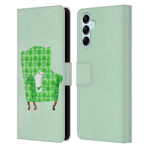 Planet Cat Arm Chair Spring Green Chair Cat Leather Book Wallet Case Cover For Samsung Galaxy M14 5G