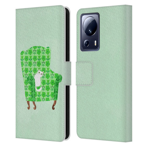Planet Cat Arm Chair Spring Green Chair Cat Leather Book Wallet Case Cover For Xiaomi 13 Lite 5G