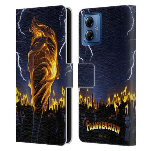 Universal Monsters Frankenstein Flame Leather Book Wallet Case Cover For Motorola Moto G14