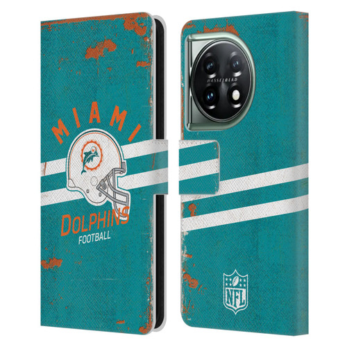 NFL Miami Dolphins Logo Art Helmet Distressed Leather Book Wallet Case Cover For OnePlus 11 5G
