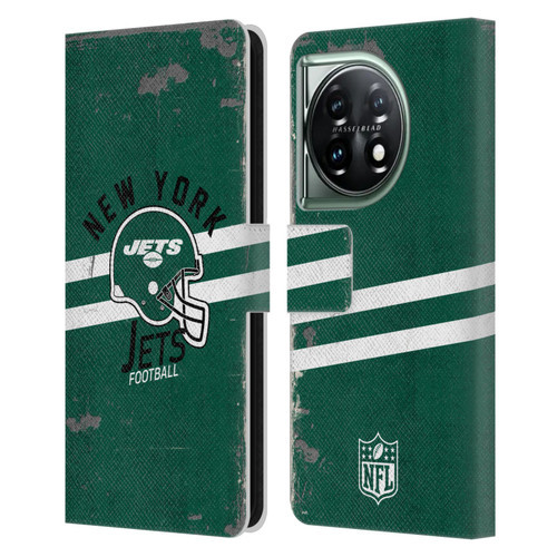 NFL New York Jets Logo Art Helmet Distressed Leather Book Wallet Case Cover For OnePlus 11 5G
