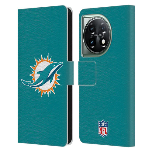 NFL Miami Dolphins Logo Plain Leather Book Wallet Case Cover For OnePlus 11 5G