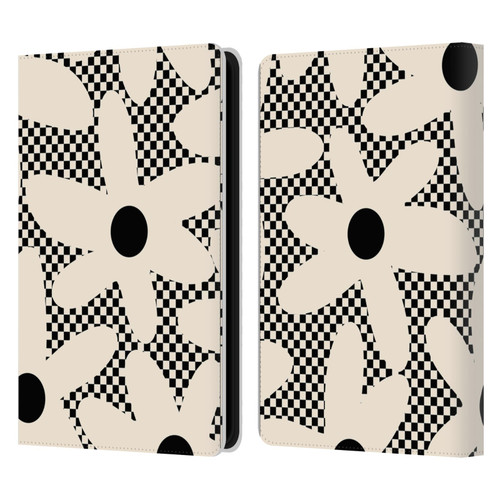 Kierkegaard Design Studio Retro Abstract Patterns Daisy Black Cream Dots Check Leather Book Wallet Case Cover For Amazon Kindle Paperwhite 5 (2021)