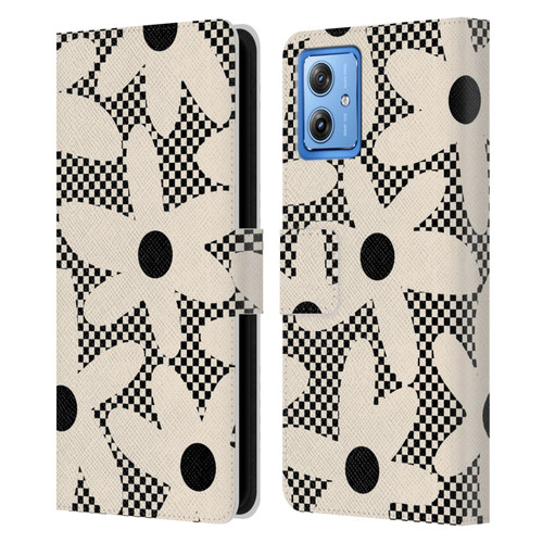 Kierkegaard Design Studio Retro Abstract Patterns Daisy Black Cream Dots Check Leather Book Wallet Case Cover For Motorola Moto G54 5G