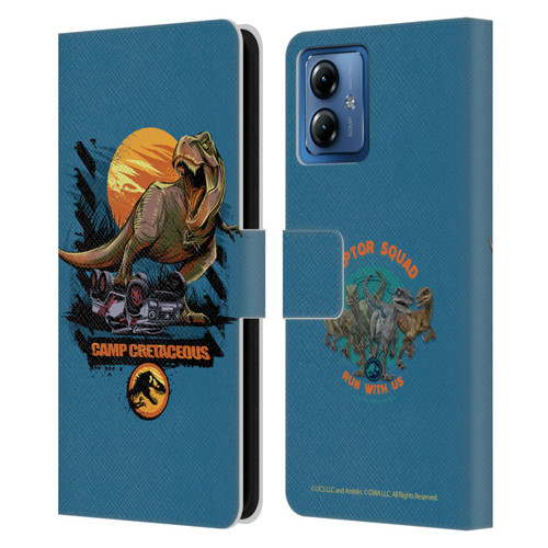 Jurassic World: Camp Cretaceous Dinosaur Graphics Blue Leather Book Wallet Case Cover For Motorola Moto G14