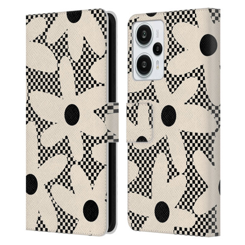 Kierkegaard Design Studio Retro Abstract Patterns Daisy Black Cream Dots Check Leather Book Wallet Case Cover For Xiaomi Redmi Note 12T