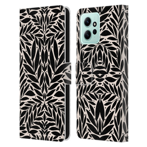 Gabriela Thomeu Floral Black And White Folk Leaves Leather Book Wallet Case Cover For Xiaomi Redmi 12