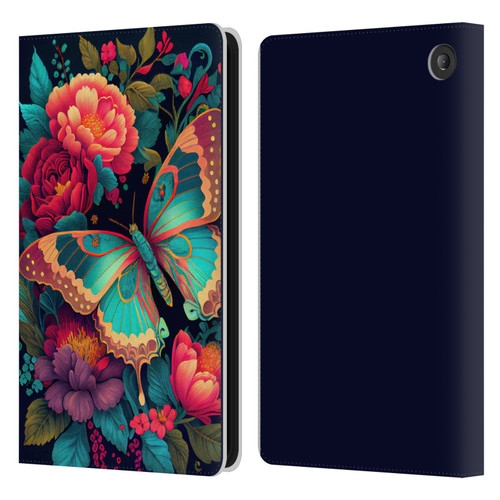 JK Stewart Art Butterfly And Flowers Leather Book Wallet Case Cover For Amazon Fire 7 2022