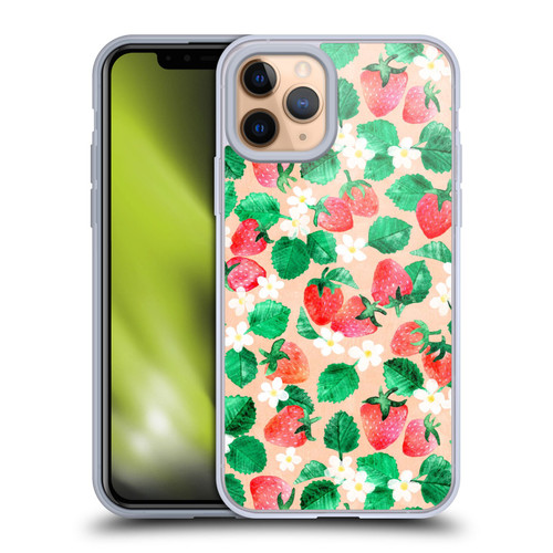 Micklyn Le Feuvre Flora And Fauna Strawberry Watercolor in Peach Soft Gel Case for Apple iPhone 11 Pro