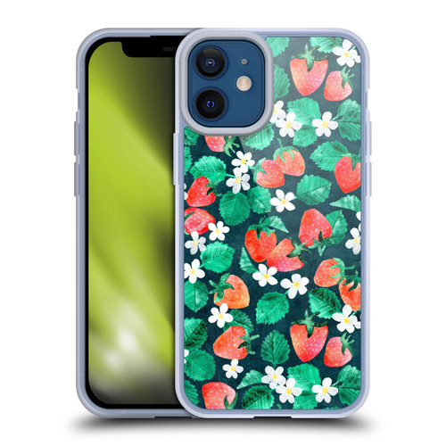 Micklyn Le Feuvre Flora And Fauna Strawberry Watercolor in Blue Soft Gel Case for Apple iPhone 12 Mini