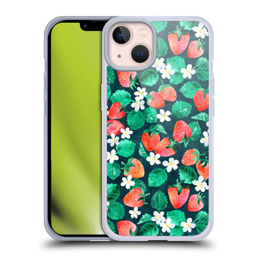 Micklyn Le Feuvre Flora And Fauna Strawberry Watercolor in Blue Soft Gel Case for Apple iPhone 13
