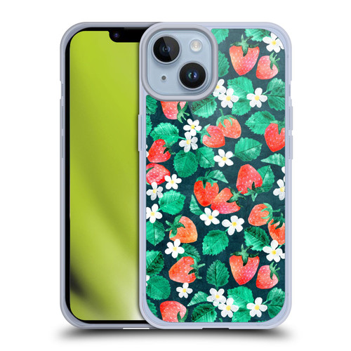 Micklyn Le Feuvre Flora And Fauna Strawberry Watercolor in Blue Soft Gel Case for Apple iPhone 14