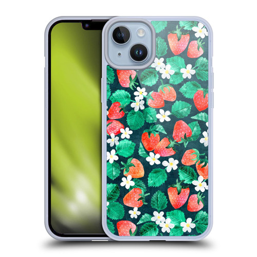 Micklyn Le Feuvre Flora And Fauna Strawberry Watercolor in Blue Soft Gel Case for Apple iPhone 14 Plus