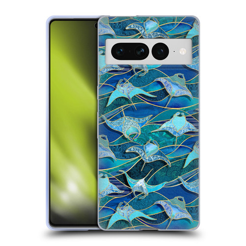Micklyn Le Feuvre Flora And Fauna Patchwork Manta Rays in Blue Soft Gel Case for Google Pixel 7 Pro