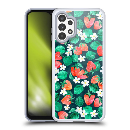Micklyn Le Feuvre Flora And Fauna Strawberry Watercolor in Blue Soft Gel Case for Samsung Galaxy A13 (2022)