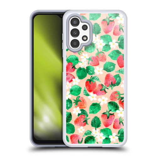 Micklyn Le Feuvre Flora And Fauna Strawberry Watercolor in Peach Soft Gel Case for Samsung Galaxy A13 (2022)